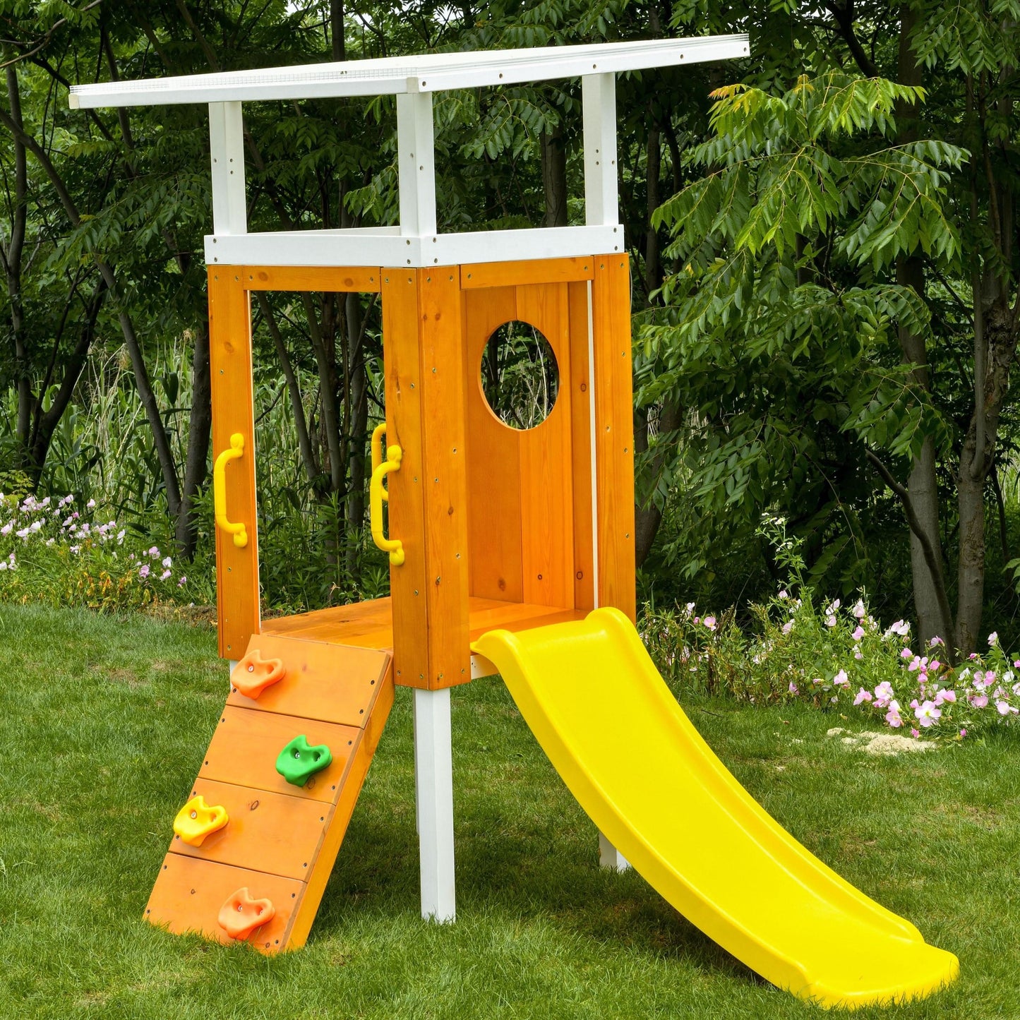 Avenlur Forest: Toddler-Friendly Small Eco-Friendly Non-Toxic Wooden Swing Set with Slide, Fort & Rock Wall