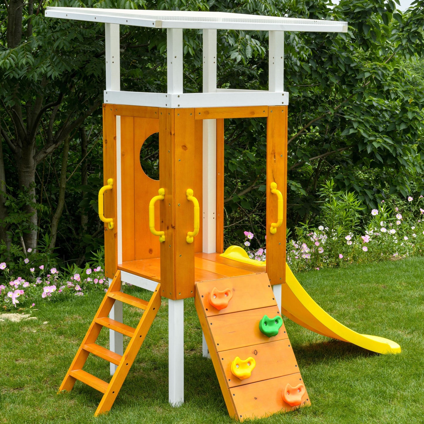 Avenlur Forest: Toddler-Friendly Small Eco-Friendly Non-Toxic Wooden Swing Set with Slide, Fort & Rock Wall