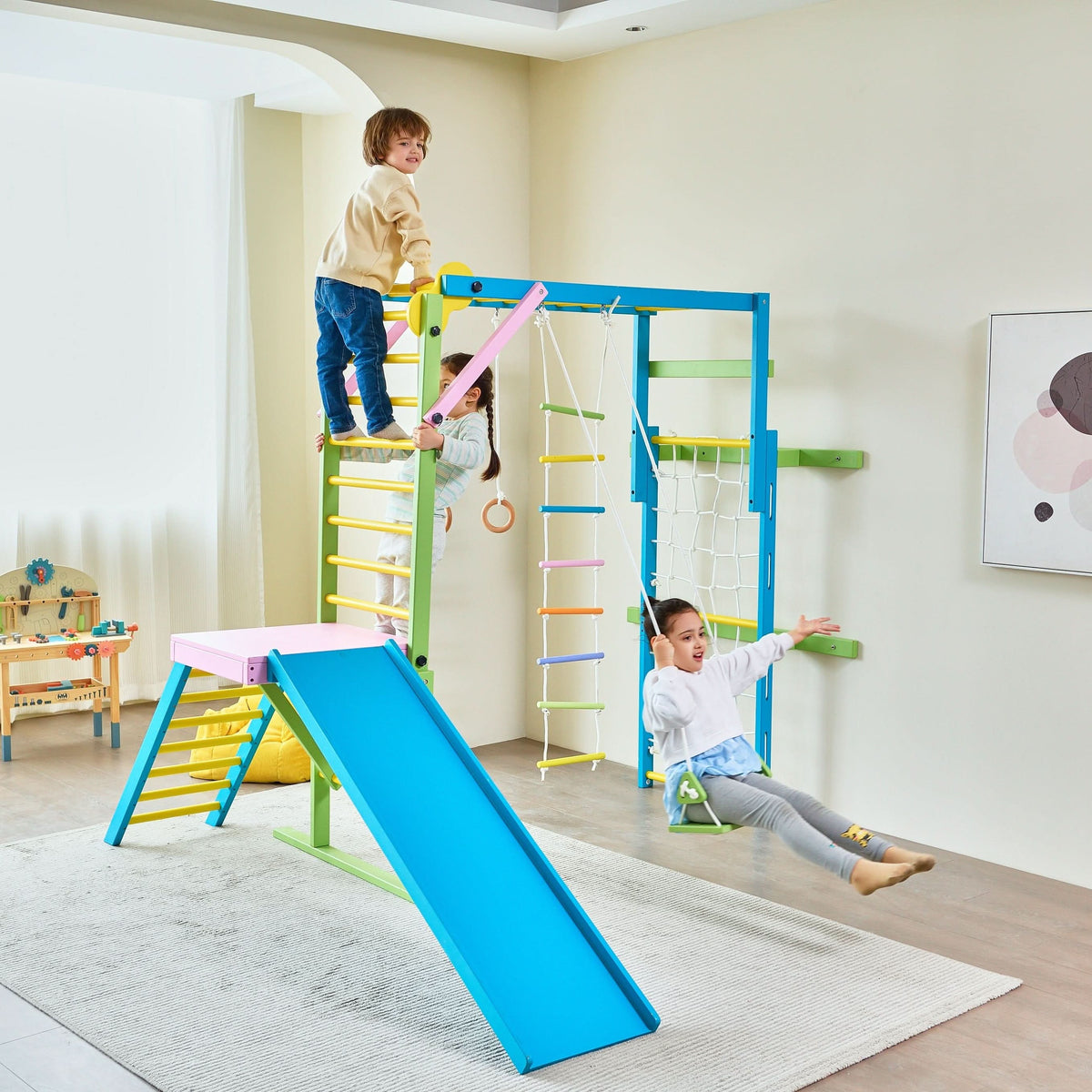 Avenlur Grove 8-in-1 Foldable Wall-Mounted Indoor Jungle Gym with Slide, Rope Net & Swing