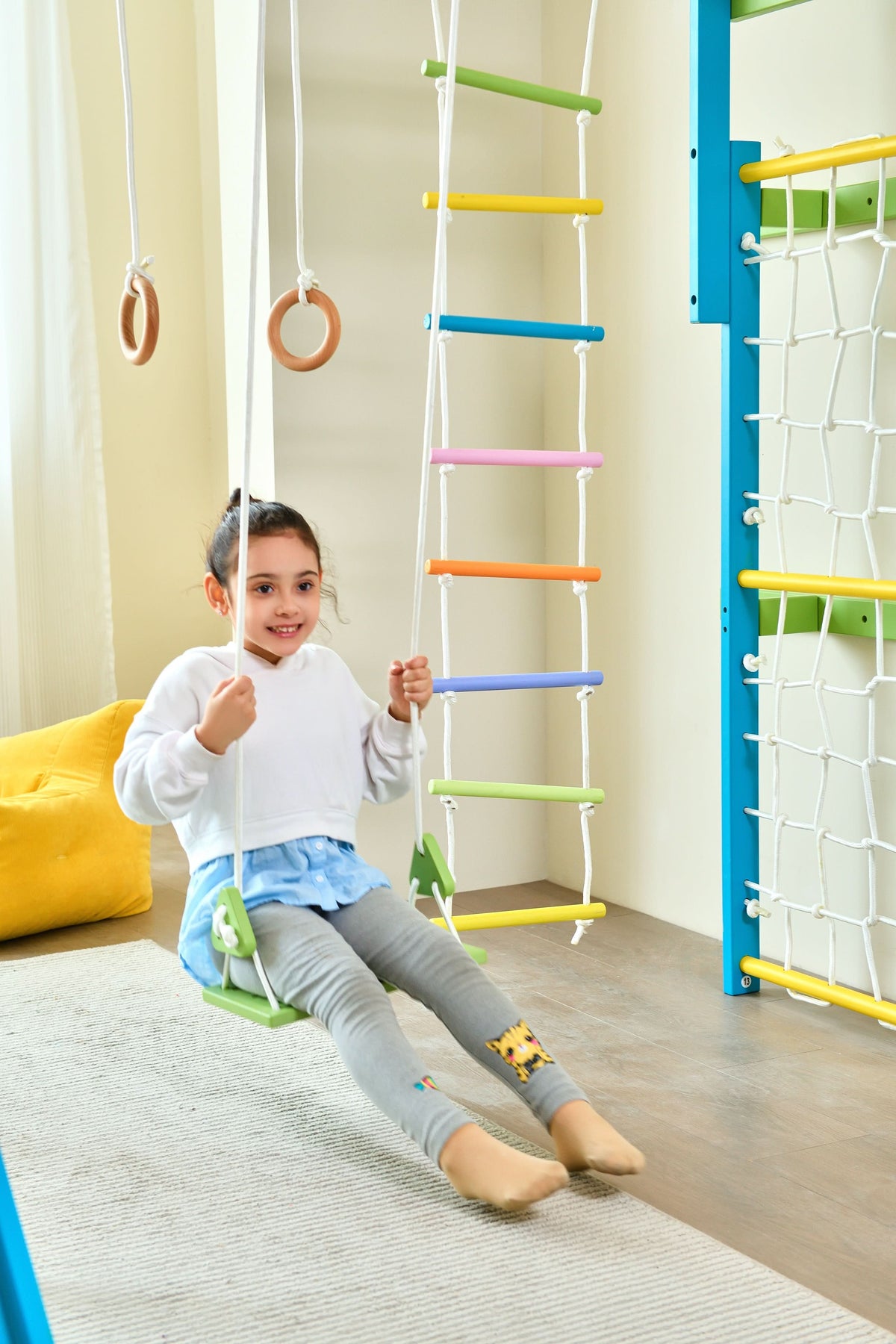 Avenlur Grove 8-in-1 Foldable Wall-Mounted Indoor Jungle Gym with Slide, Rope Net & Swing