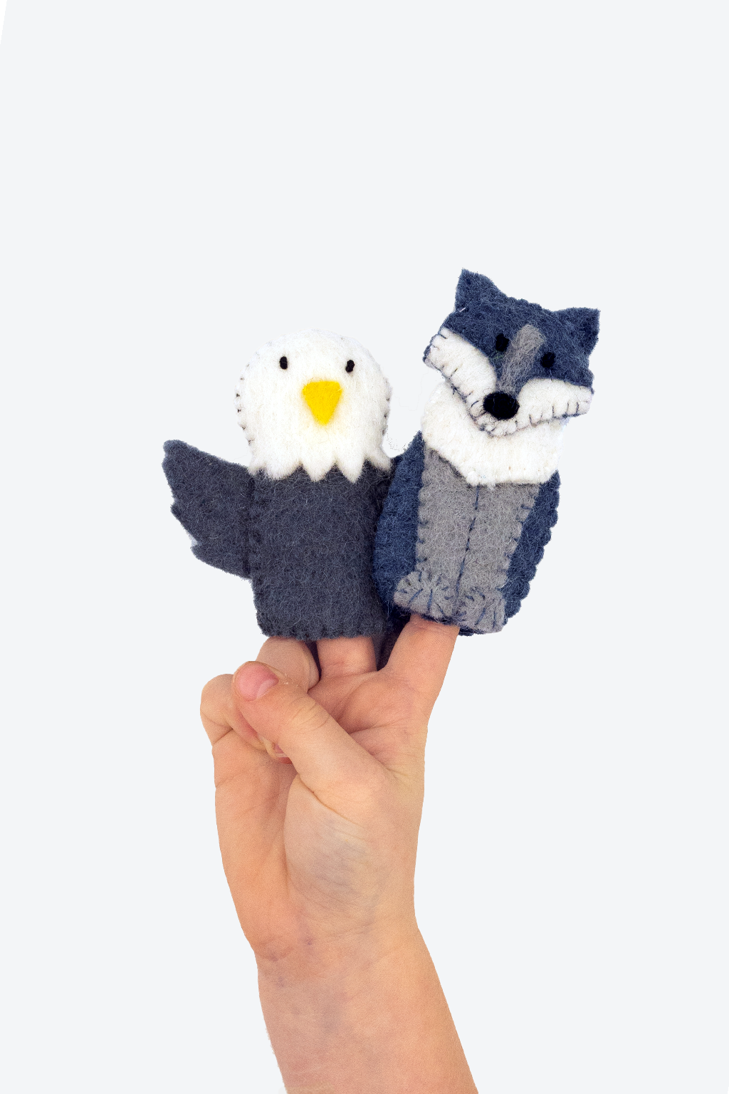 Eagle & Wolf Finger Puppet Set – Handmade Wool Felt Pretend Play Toy