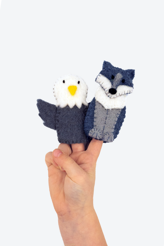 Eagle & Wolf Finger Puppet Set – Handmade Wool Felt Pretend Play Toy