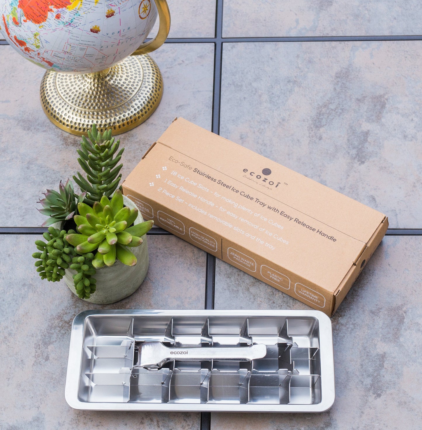 Ecozoi Stainless Steel Ice Cube Tray with Easy Release Handle, Vintage Design