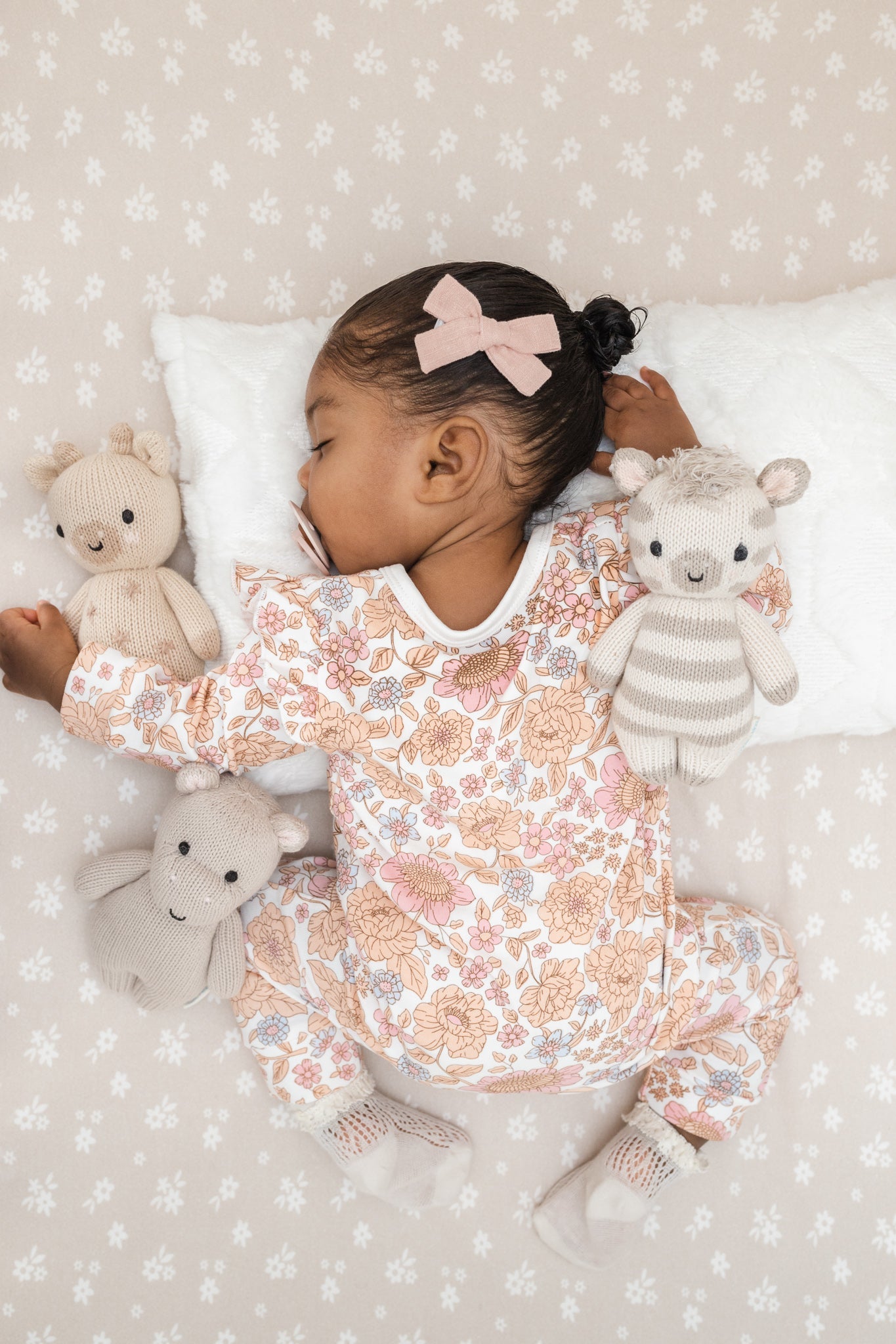 Luna + Luca Floral Neutral Baby Girl Bamboo Jumpsuit Onesie + Bow