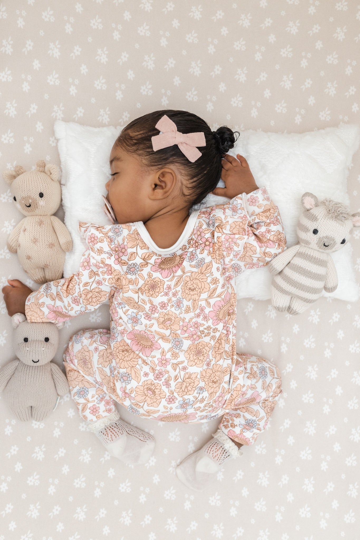 Luna + Luca Floral Neutral Baby Girl Bamboo Jumpsuit Onesie + Bow