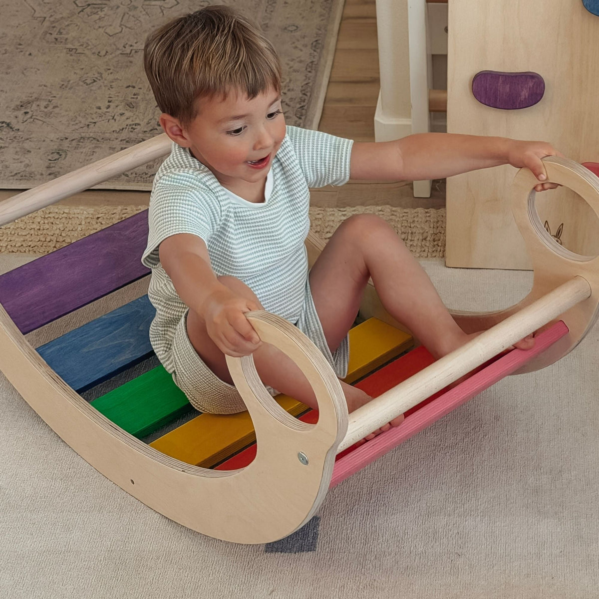 Bunny Hopkins Complete Home Adventure Playset – Pikler Triangle, 2 Ramps, Climbing Arch and Wobble Board, Made in the USA