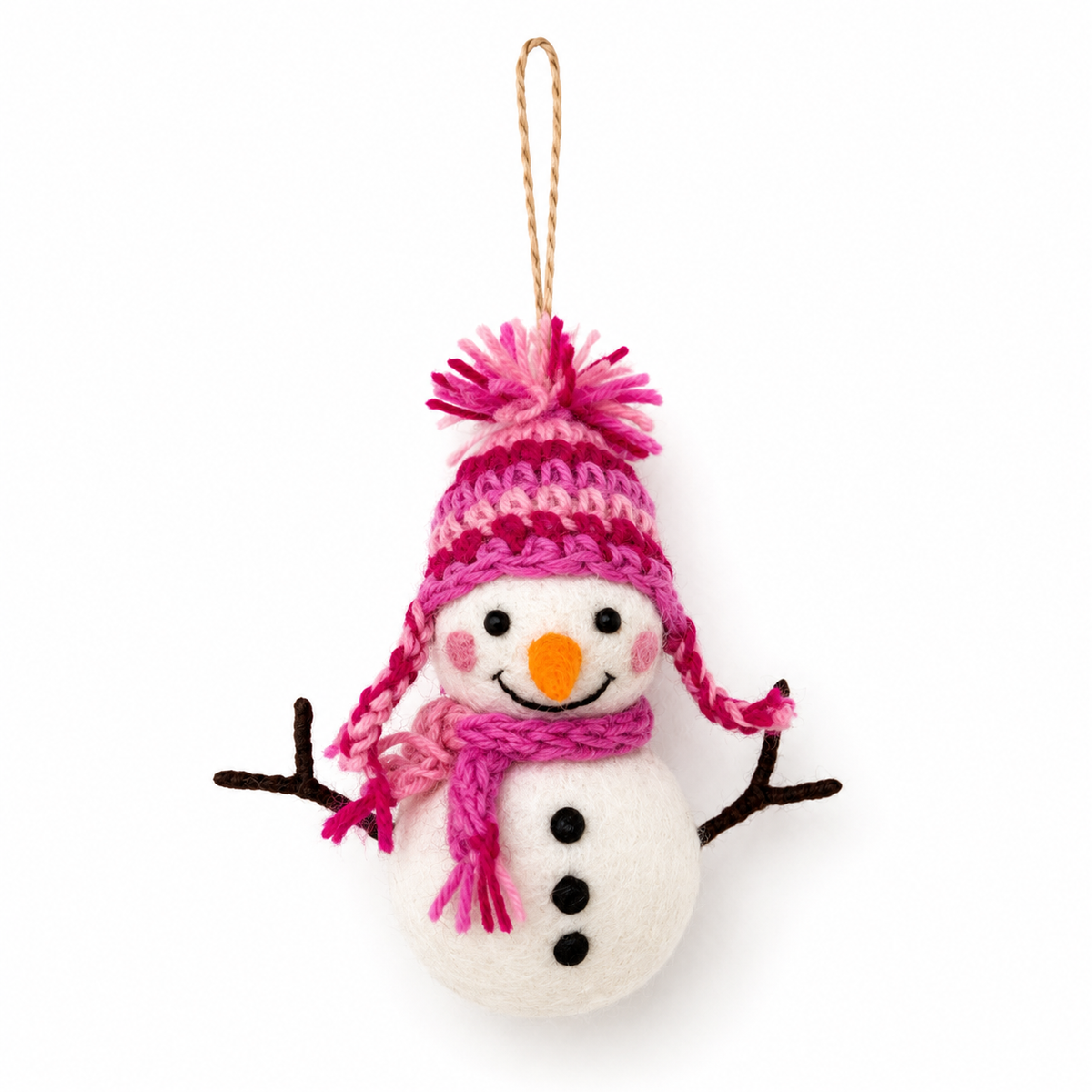 Snowman Ornament with Woven Hat – Handmade Wool Felt Holiday Decor