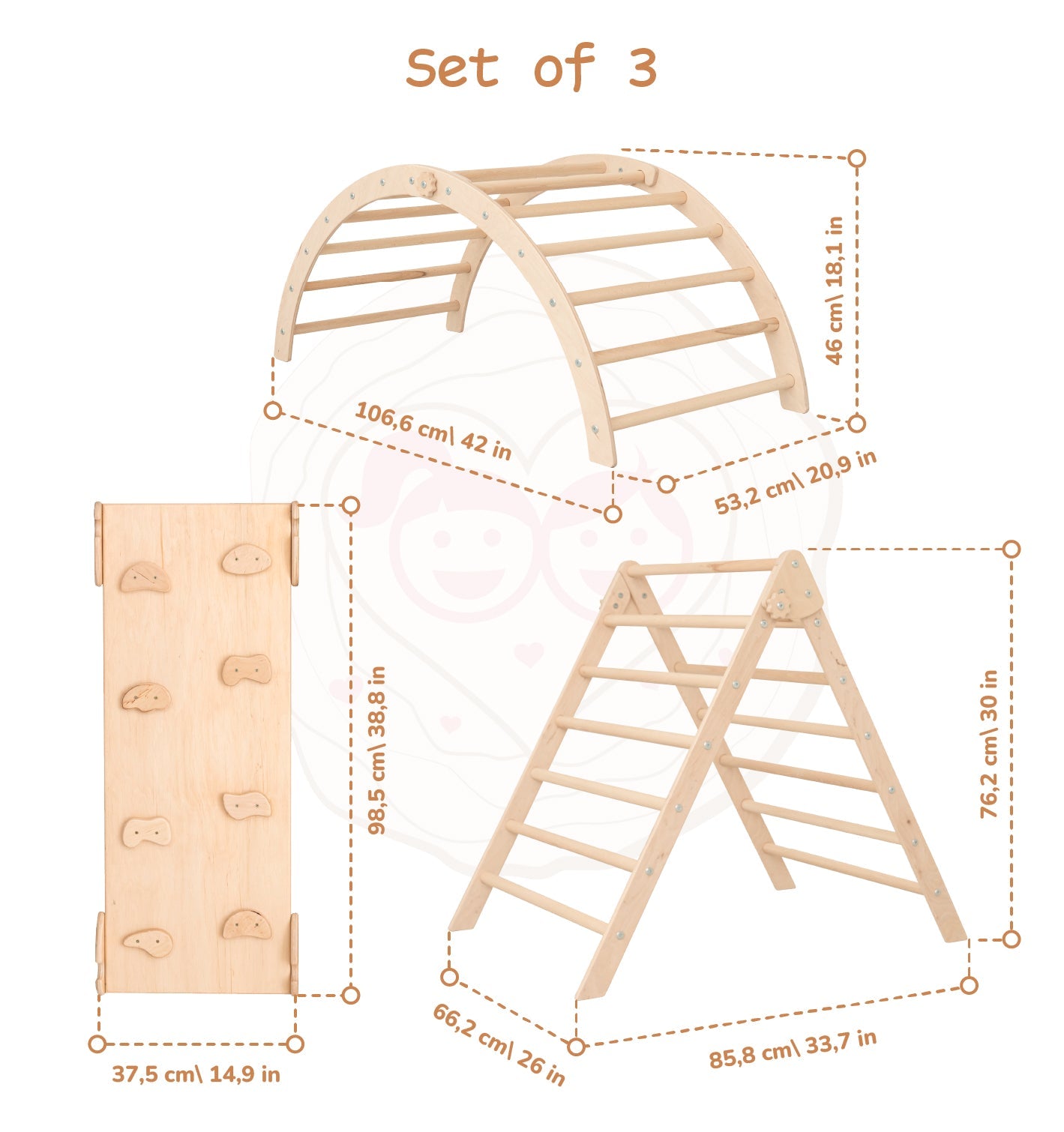 Wood and Hearts Eco-Friendly Wooden Montessori Foldable Pikler Triangle and Arch Climber Set