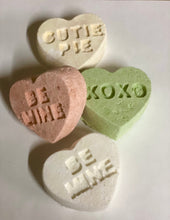 Load image into Gallery viewer, Organic bath bomb / Valentine&#39;s Day / conversation hearts / conversation heart bath bombs / organic bath fizzy / organic bath fizzie
