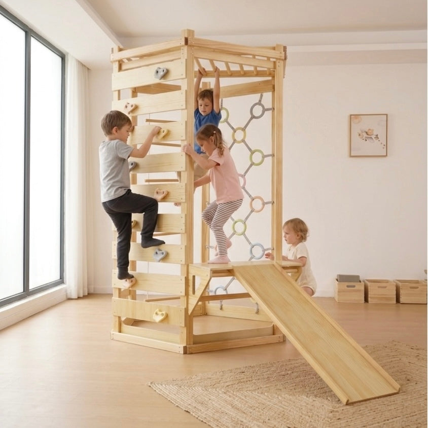 Avenlur Hawthorn 93" Wooden Indoor Playground – Montessori Climbing Gym with Slide & Rope Net