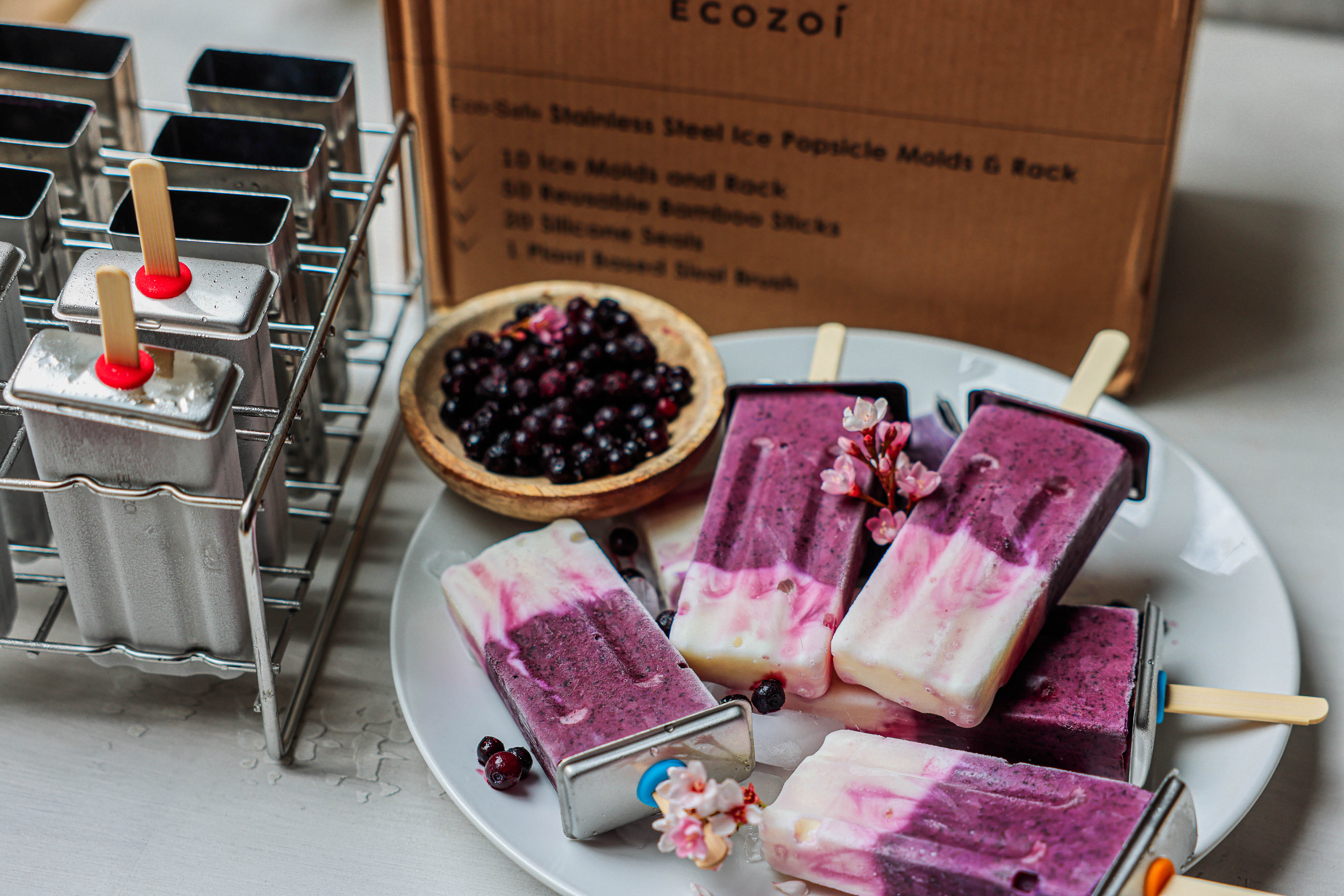 Ecozoi Non-Toxic Stainless Steel Popsicle Molds 10 Piece with 50 Reusable Sustainable Bamboo Sticks - Thumbnail 4