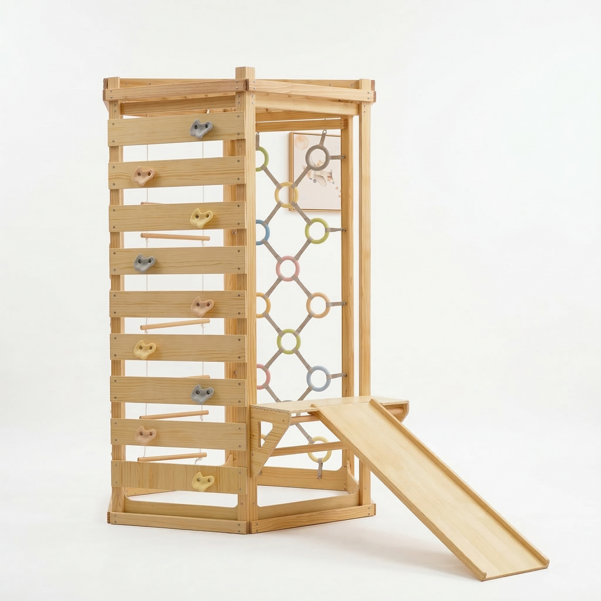 Avenlur Hawthorn 93" Wooden Indoor Playground – Montessori Climbing Gym with Slide & Rope Net
