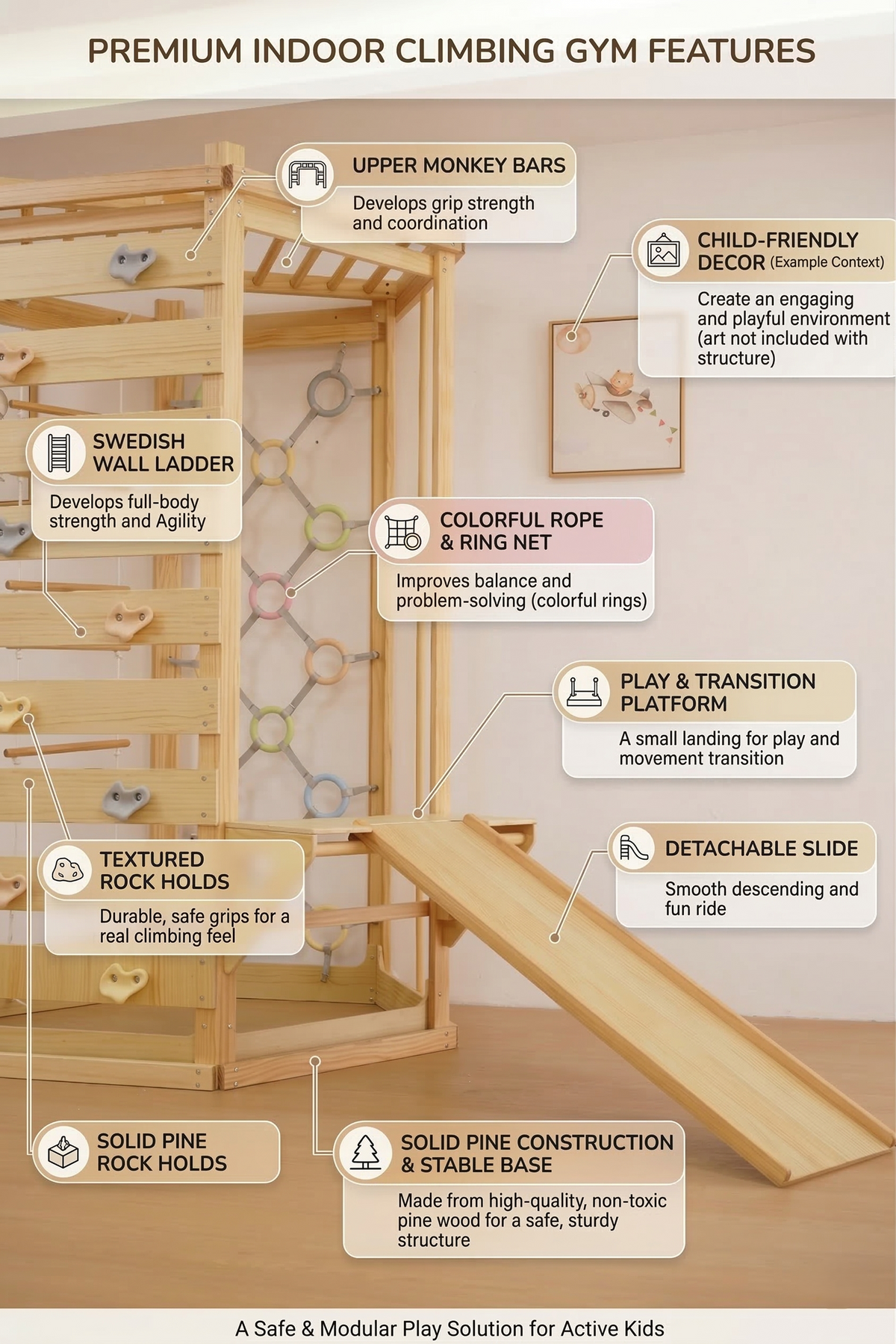 Avenlur Hawthorn 93" Wooden Indoor Playground – Montessori Climbing Gym with Slide & Rope Net