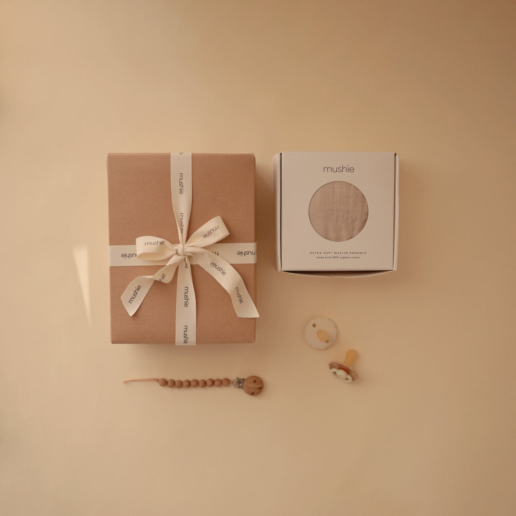 Mushie Eco-Friendly Non-Toxic Newborn Gift Set (Mini) | Natural Rubber Pacifier, Organic Cotton Muslin Swaddle, Silicone Pacifier Clip