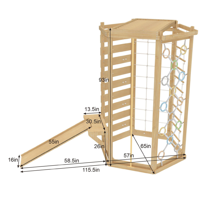 Avenlur Hawthorn 93" Wooden Indoor Playground – Montessori Climbing Gym with Slide & Rope Net
