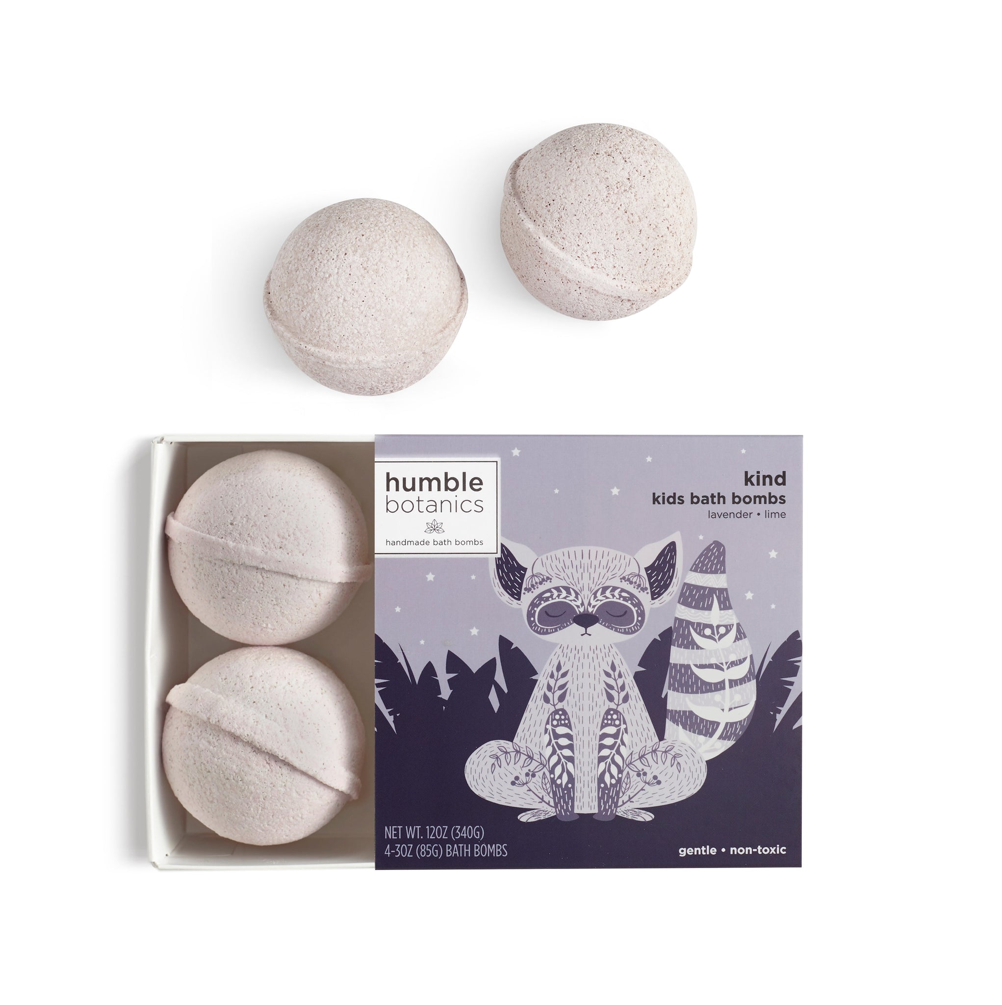 A set of colorful, natural kids bath bombs from Humble Organics in a gift box.