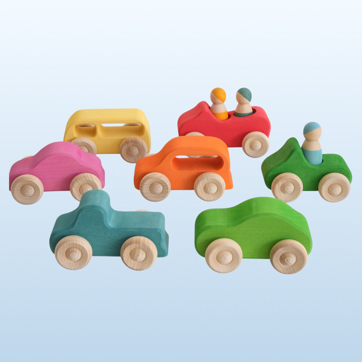 Green Elephant 7-Piece Wooden Rainbow Cars Set with 3 Peg Dolls