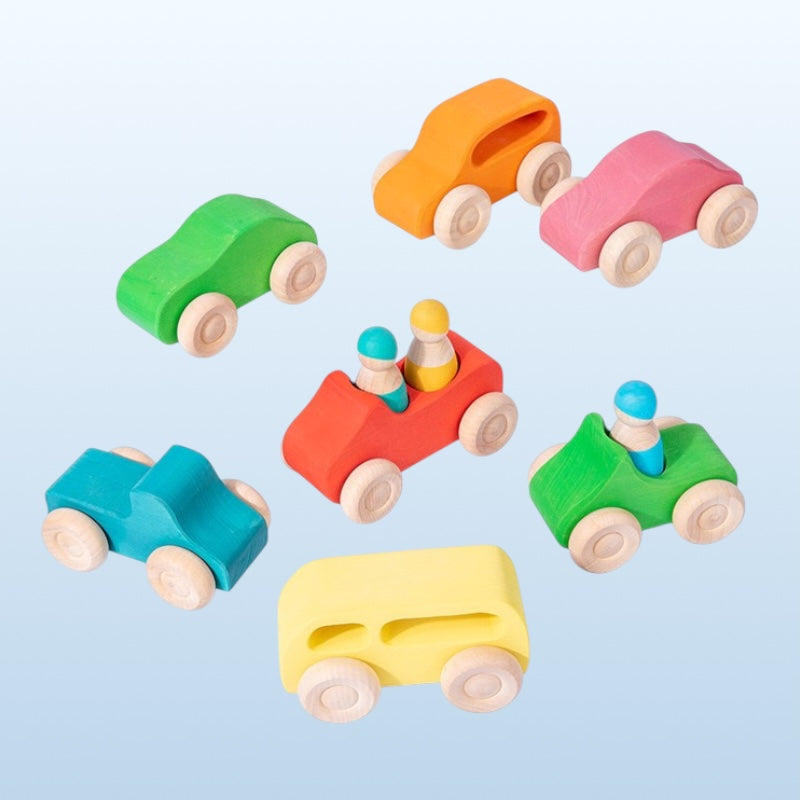 Green Elephant 7-Piece Wooden Rainbow Cars Set with 3 Peg Dolls