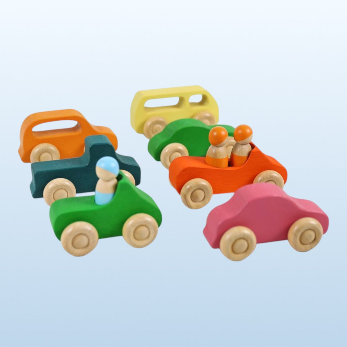 Green Elephant 7-Piece Wooden Rainbow Cars Set with 3 Peg Dolls