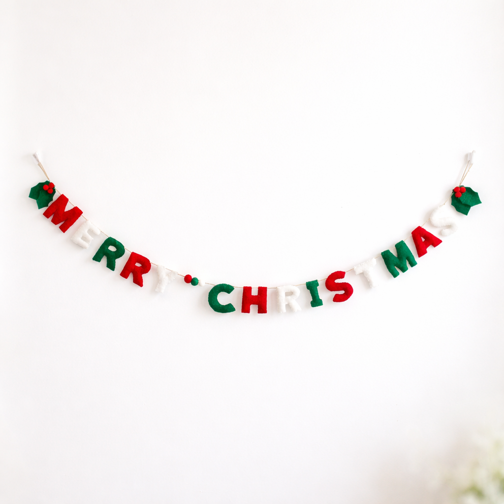 Merry Christmas Felt Garland – Hand-Stitched Wool Felt Letters, 55"