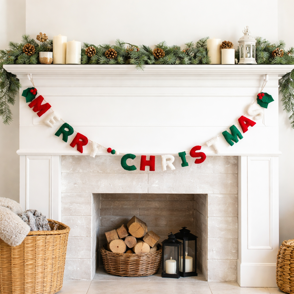 Merry Christmas Felt Garland – Hand-Stitched Wool Felt Letters, 55"