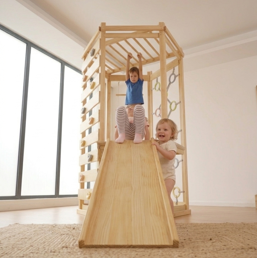 Avenlur Hawthorn 93" Wooden Indoor Playground – Montessori Climbing Gym with Slide & Rope Net