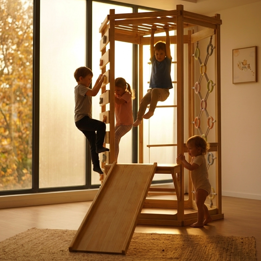 Avenlur Hawthorn 93" Wooden Indoor Playground – Montessori Climbing Gym with Slide & Rope Net