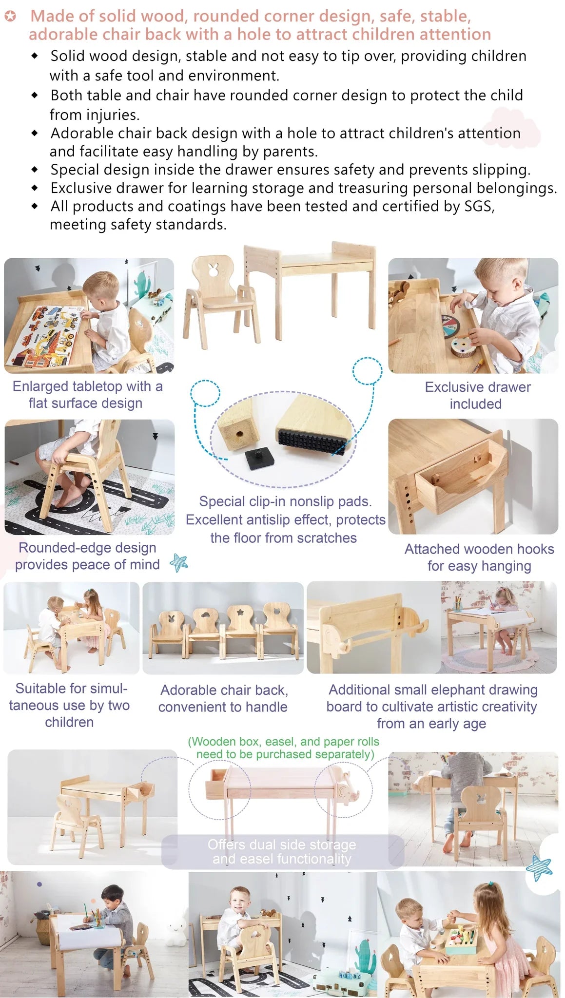 Mesasilla Primary Adjustable Table Set - with drawer-Bear Elephant Car Rabbit  Star - Height Adjustable