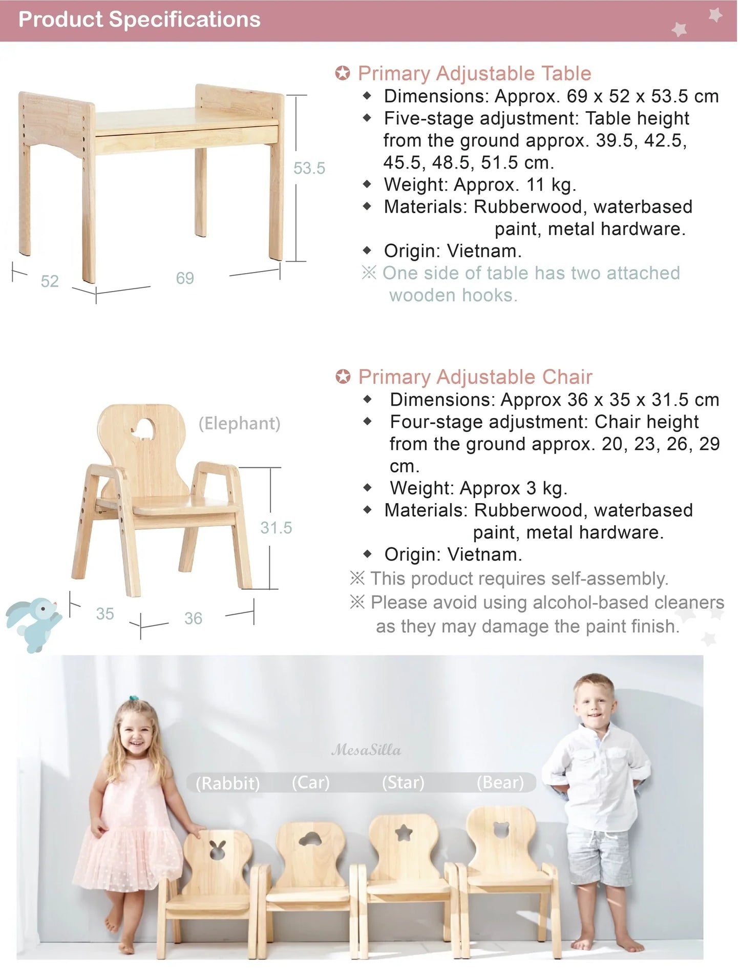 Mesasilla Primary Adjustable Table Set - with drawer-Bear Elephant Car Rabbit  Star - Height Adjustable
