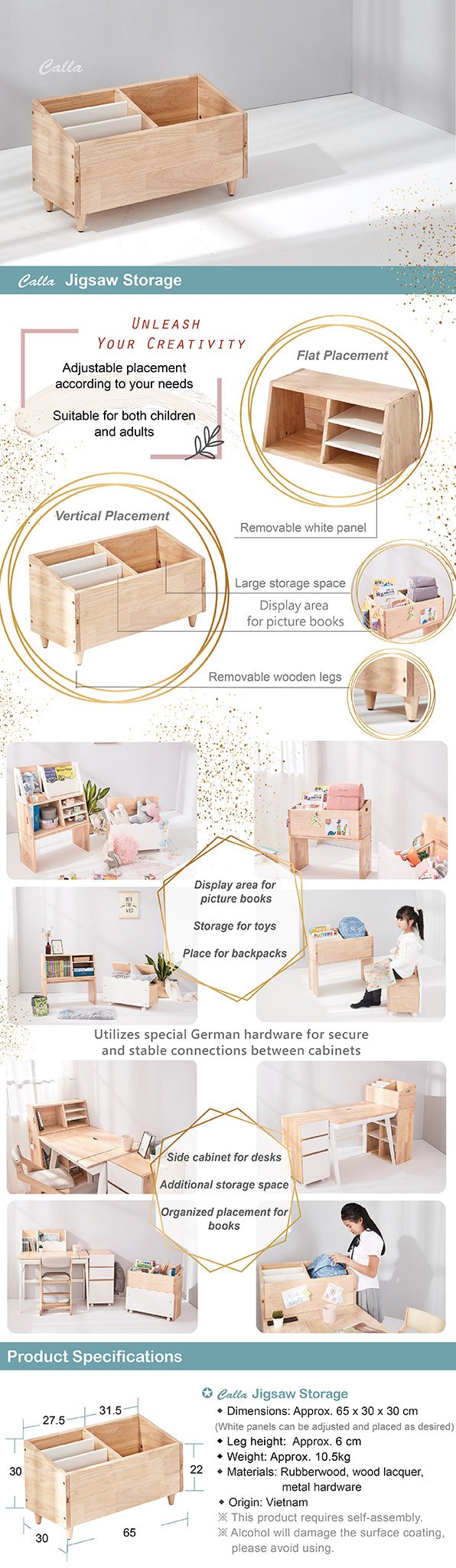 Calla Flip Ladder Jigsaw Storage - Solid Wood, Removable Legs, 3 Shelves