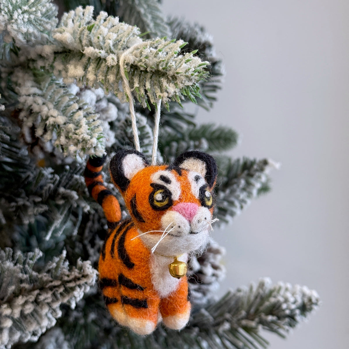 Tiger Christmas Ornament with Bell – Handmade Wool Felt Holiday Decor