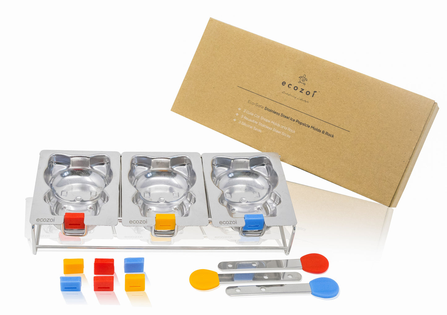 Ecozoi STAINLESS STEEL POPSICLE MOLDS, 3 CAT MOLDS with REUSABLE STEEL STICKS