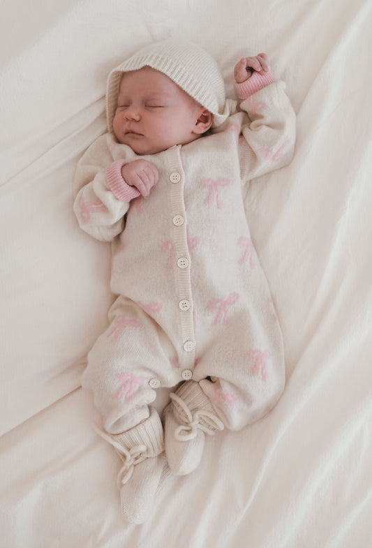 Luna + Luca Bow Cashmere Luxxe Baby Jumpsuit, Bonnet and Bootie Set