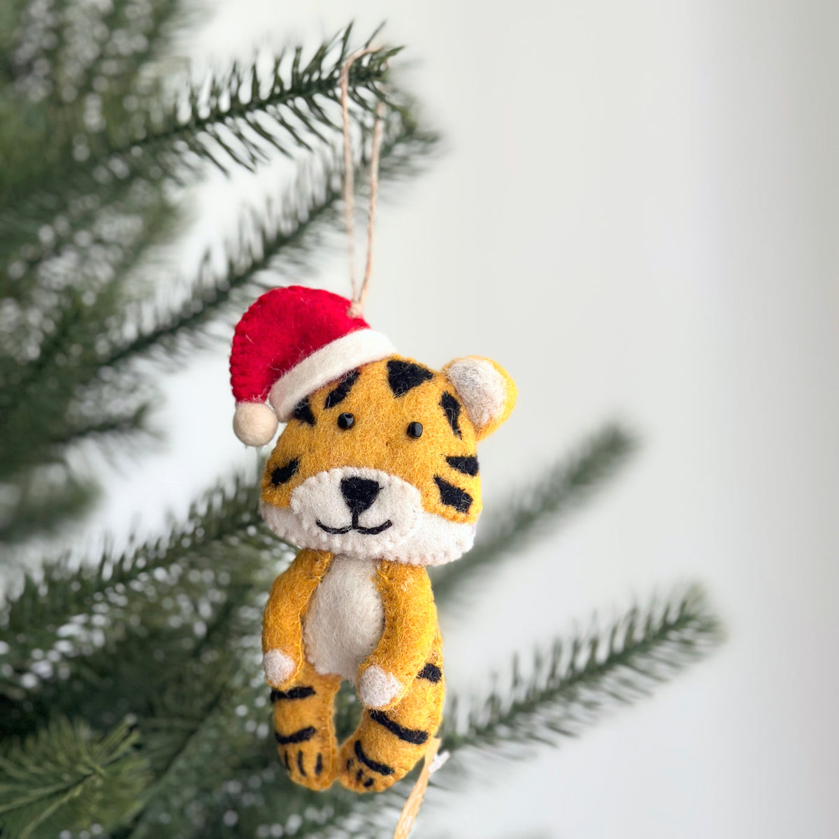 Tiger with Christmas Hat Ornament – Handmade Wool Felt Holiday Decor