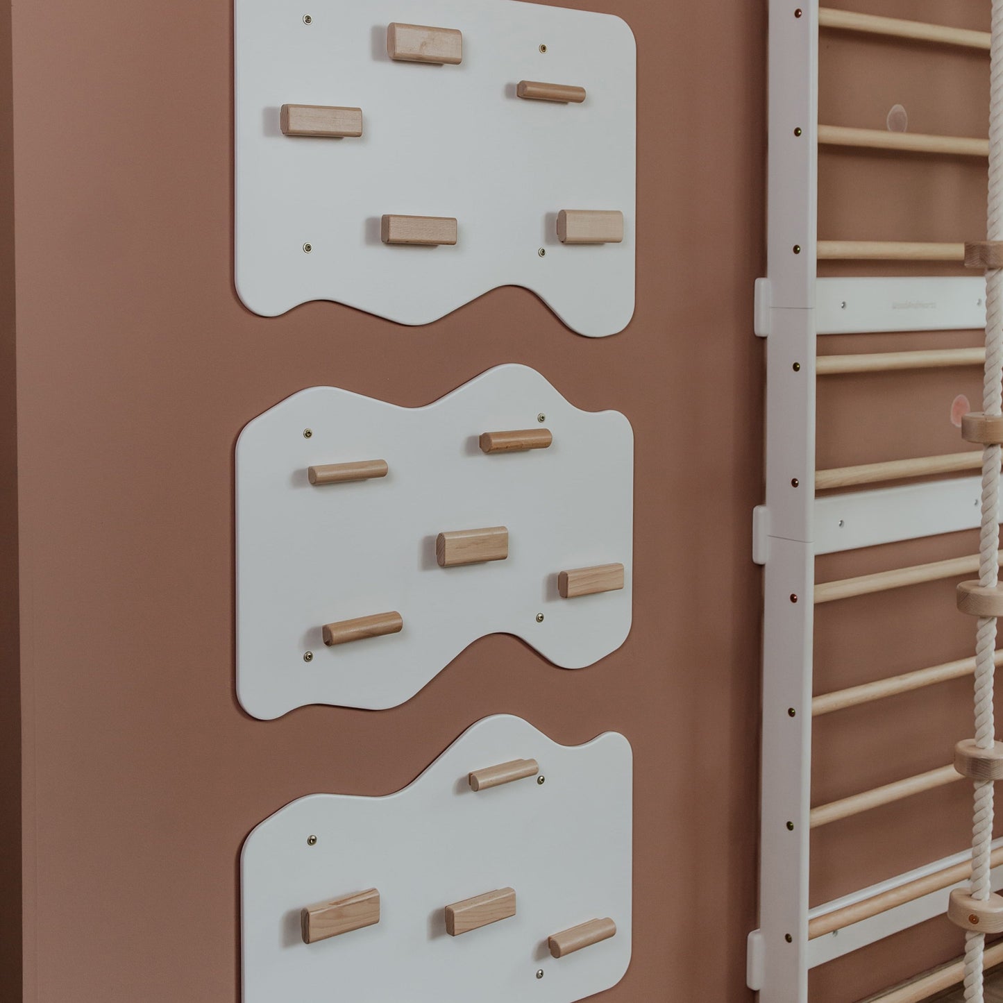 Indoor Rock Wall with Cloud-Shaped Panels & Wooden Climbing Holds for Kids 3-10