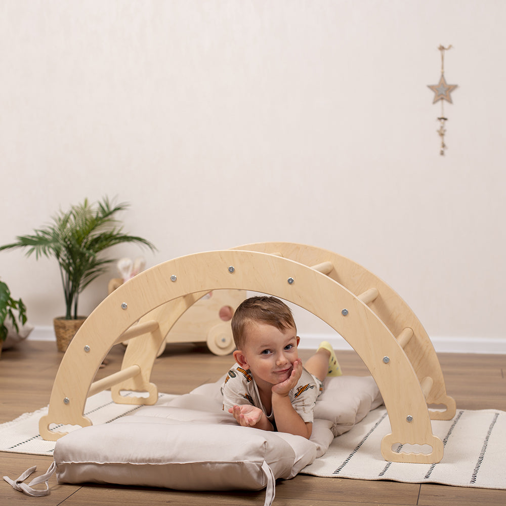 Wood and Hearts Eco-Friendly Wooden Large Montessori Climbing Arch with Cushion or Tent