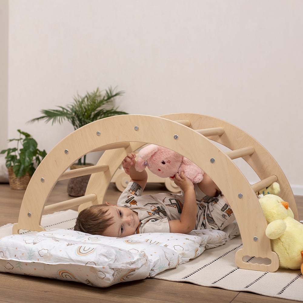 Wood and Hearts Eco-Friendly Wooden Large Montessori Climbing Arch with Cushion or Tent