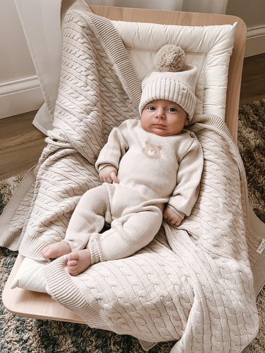 Luna + Luca Cable Knit Organic Cotton Baby Blanket - Beige