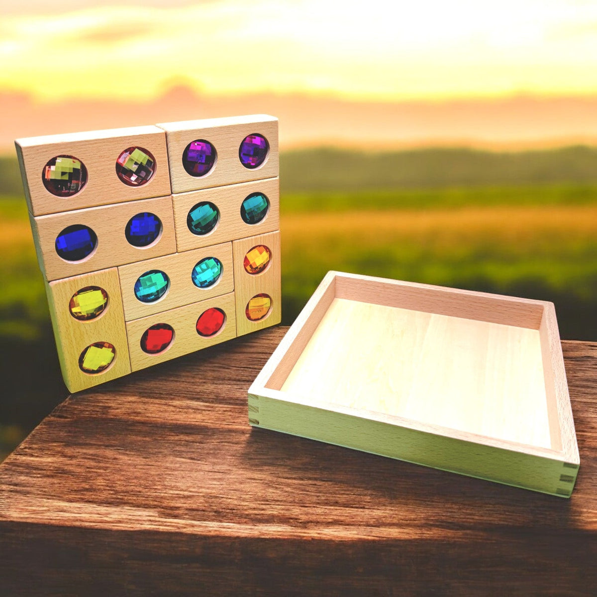 Green Elephant 8-Piece Rectangular Wooden Gem Blocks with Storage Tray – Beechwood