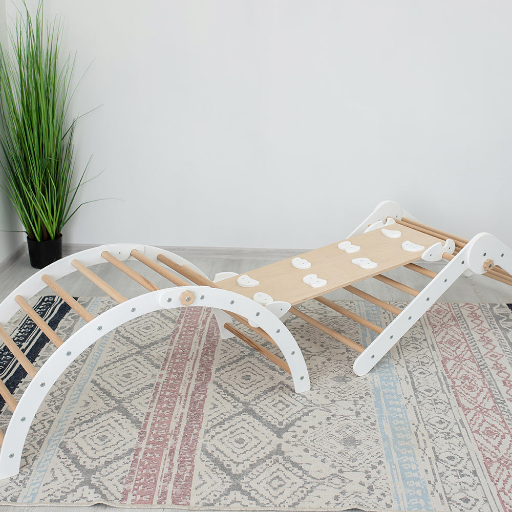 Wood and Hearts Eco-Friendly Wooden Montessori Foldable Pikler Triangle and Arch Climber Set