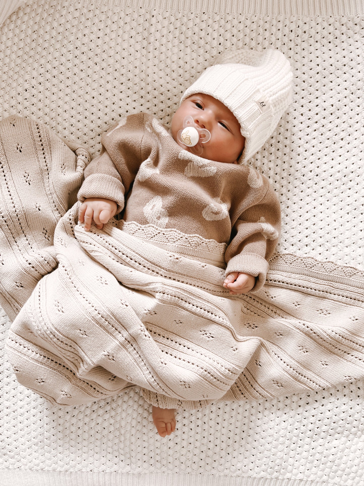 Luna + Luca Pointelle Organic Cotton Gender Neutral Knitted Baby Receiving Blanket - Beige