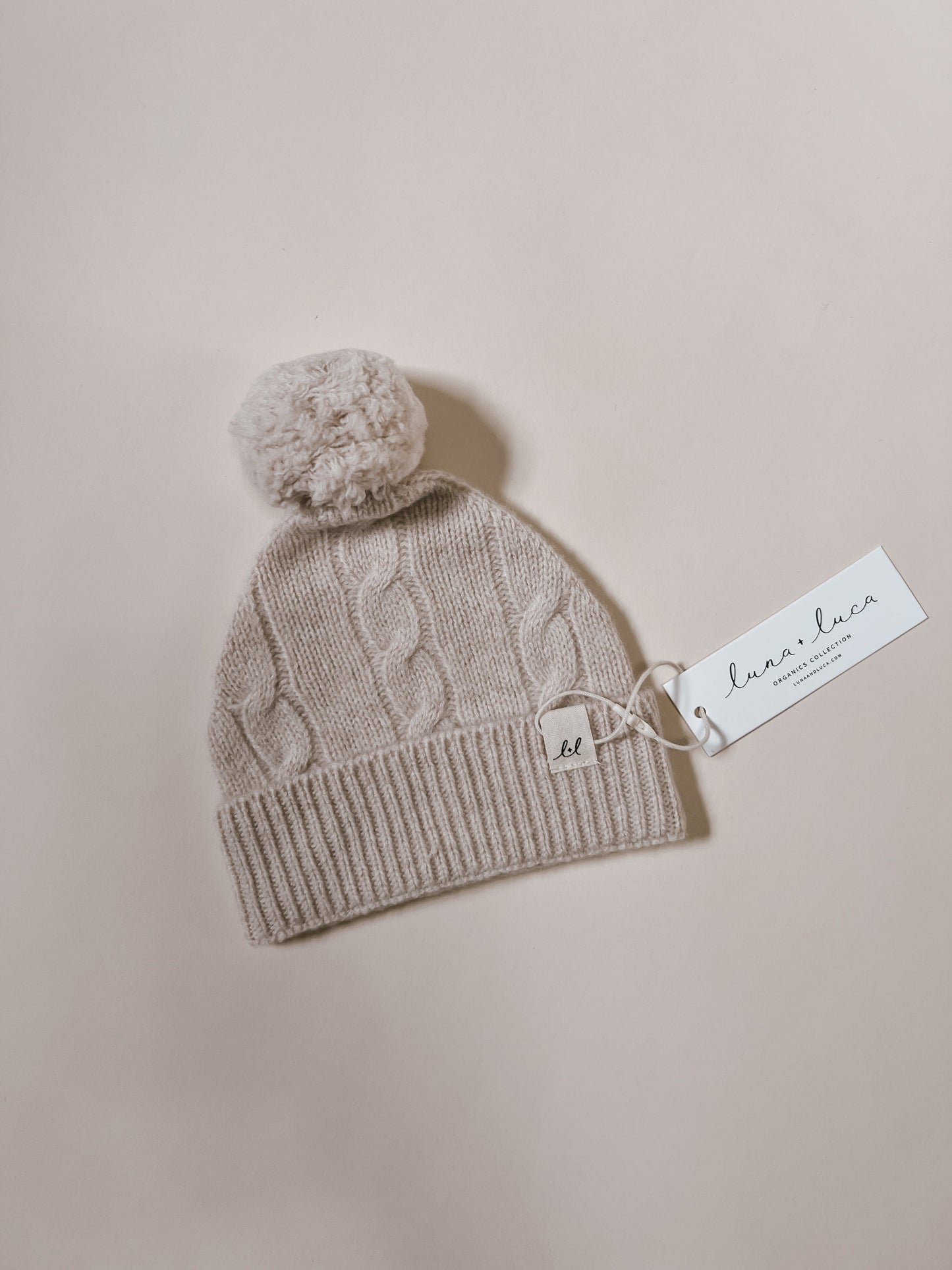 Luna + Luca Merino Wool Cable Knit Pom Baby Beanie - Sand