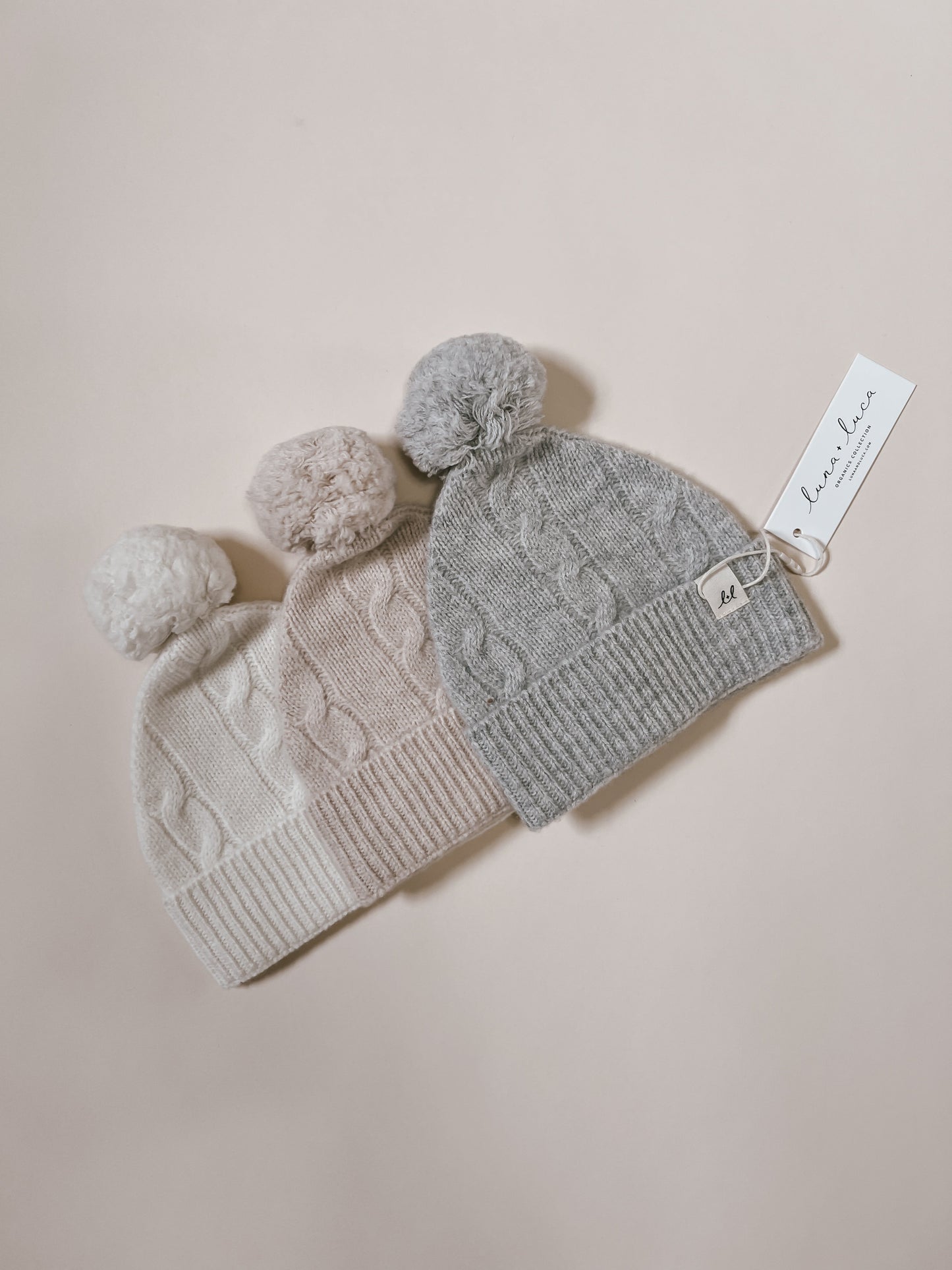 Luna + Luca Merino Wool Cable Knit Pom Baby Beanie - Sand
