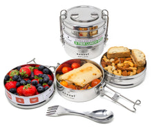 Load image into Gallery viewer, Stainless Steel Lunch Box, 3 Tier Round with Spork, 40 Oz
