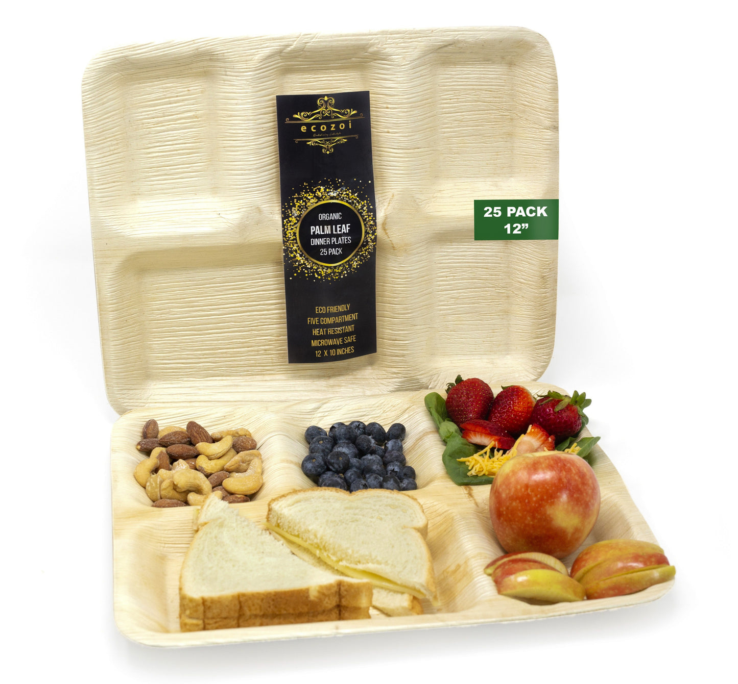 Ecozoi Disposable Eco-Friendly Plant Based Divided Plates, 5 Compartment 12" Rectangle Palm Leaf Plates, 25 Pack