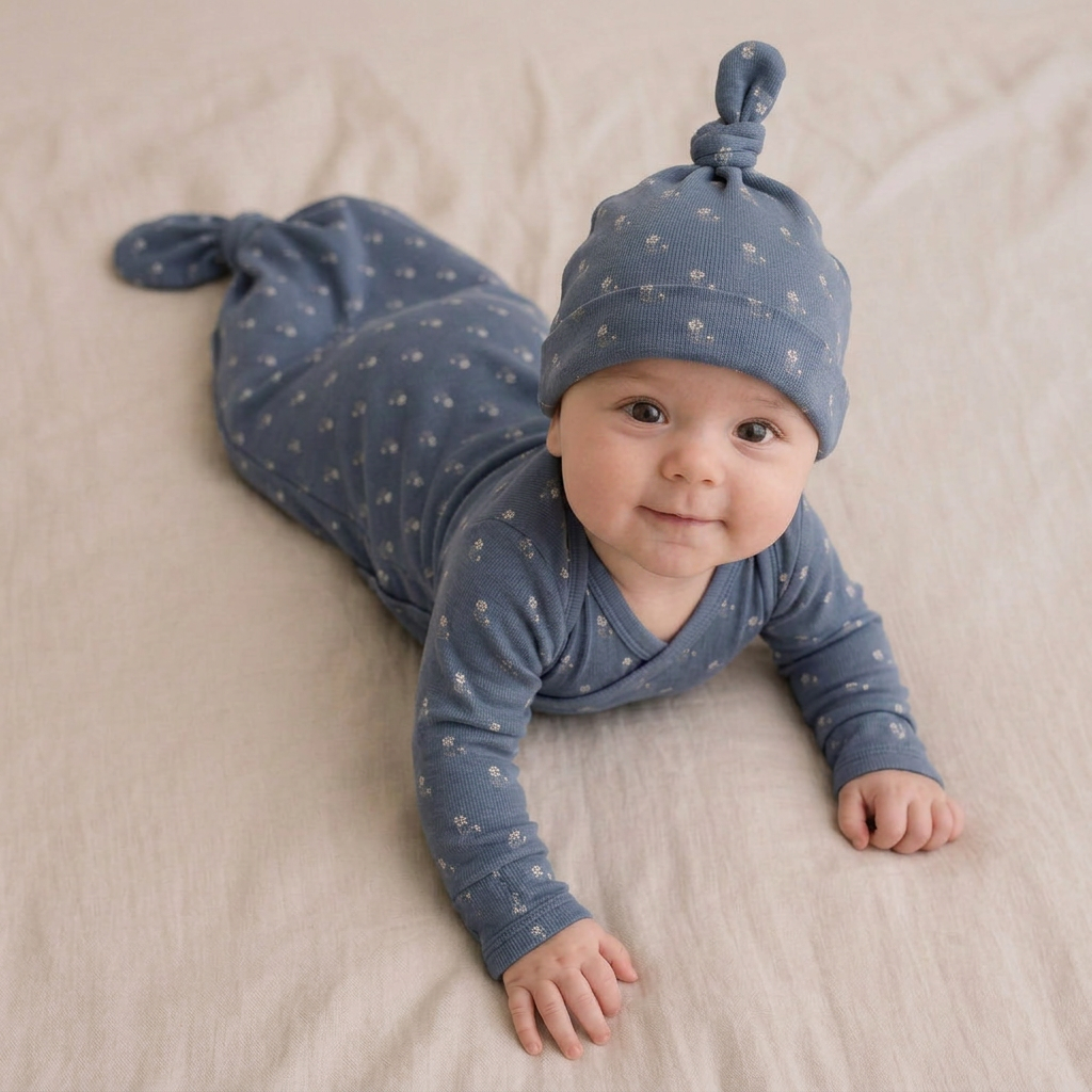 Organic Cotton Knotted Baby Gown – Indigo Blossom