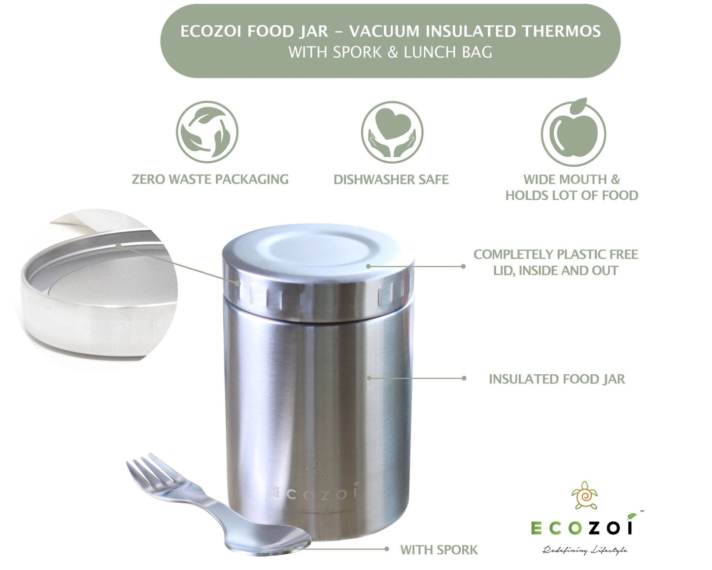 Ecozoi 17 oz Eco-Friendly Stainless Steel Insulated Food Jar with Spork & Lunch Bag