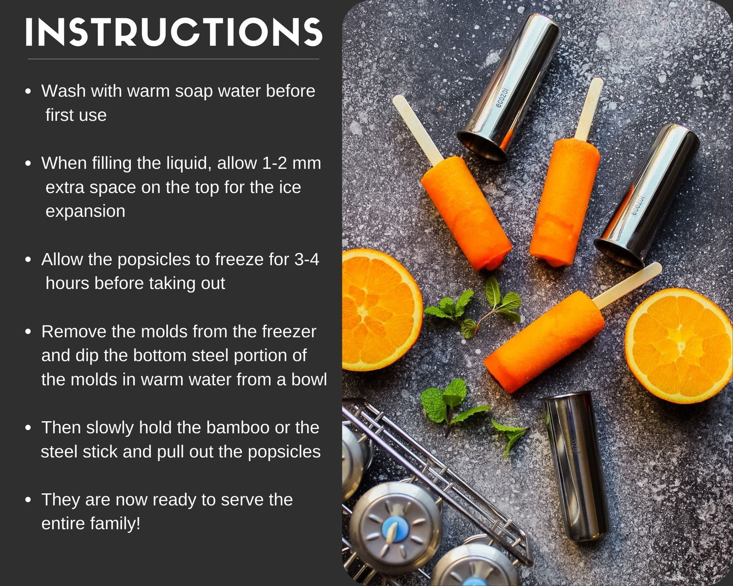 Stainless Steel Popsicle Molds, 6 Mini Rounds with Reusable Bamboo Sticks