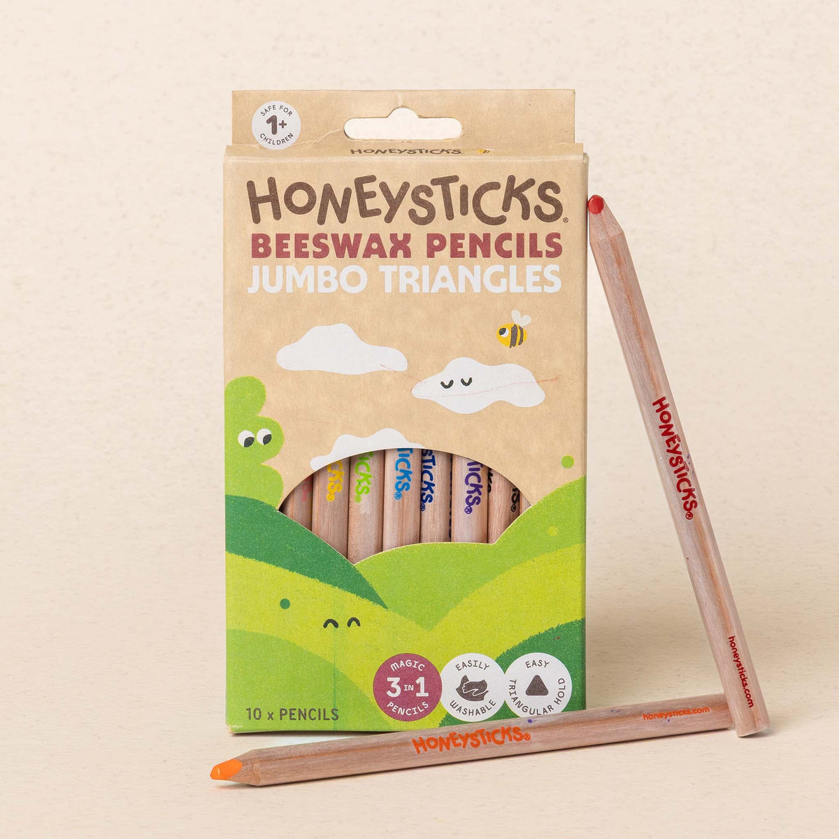 Honeysticks Magic 3-in-1 Beeswax Pencils – Draw, Watercolor & Window Art, Jumbo Triangle, 10 Pack