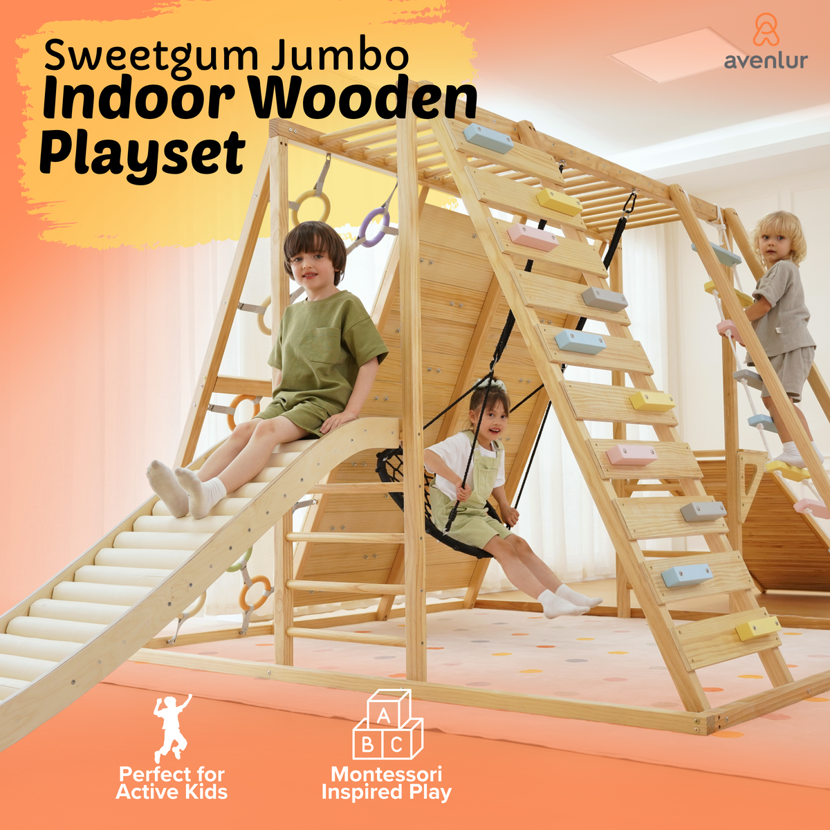 Avenlur Sweetgum Jumbo Indoor Wooden Playset – 8-in-1 Climber with Slide, Swing & Rock Wall
